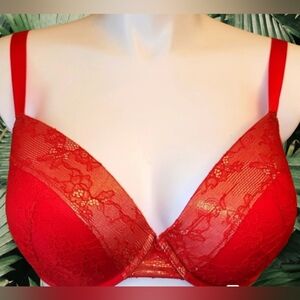- RED LACE BRA WITH GOLD BACKGROUND 42F (3D)  NWOT